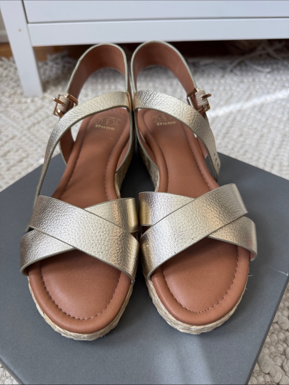 NWOT Dune London Metallic Gold Leather Crisscross Espadrille Wedge Sandals